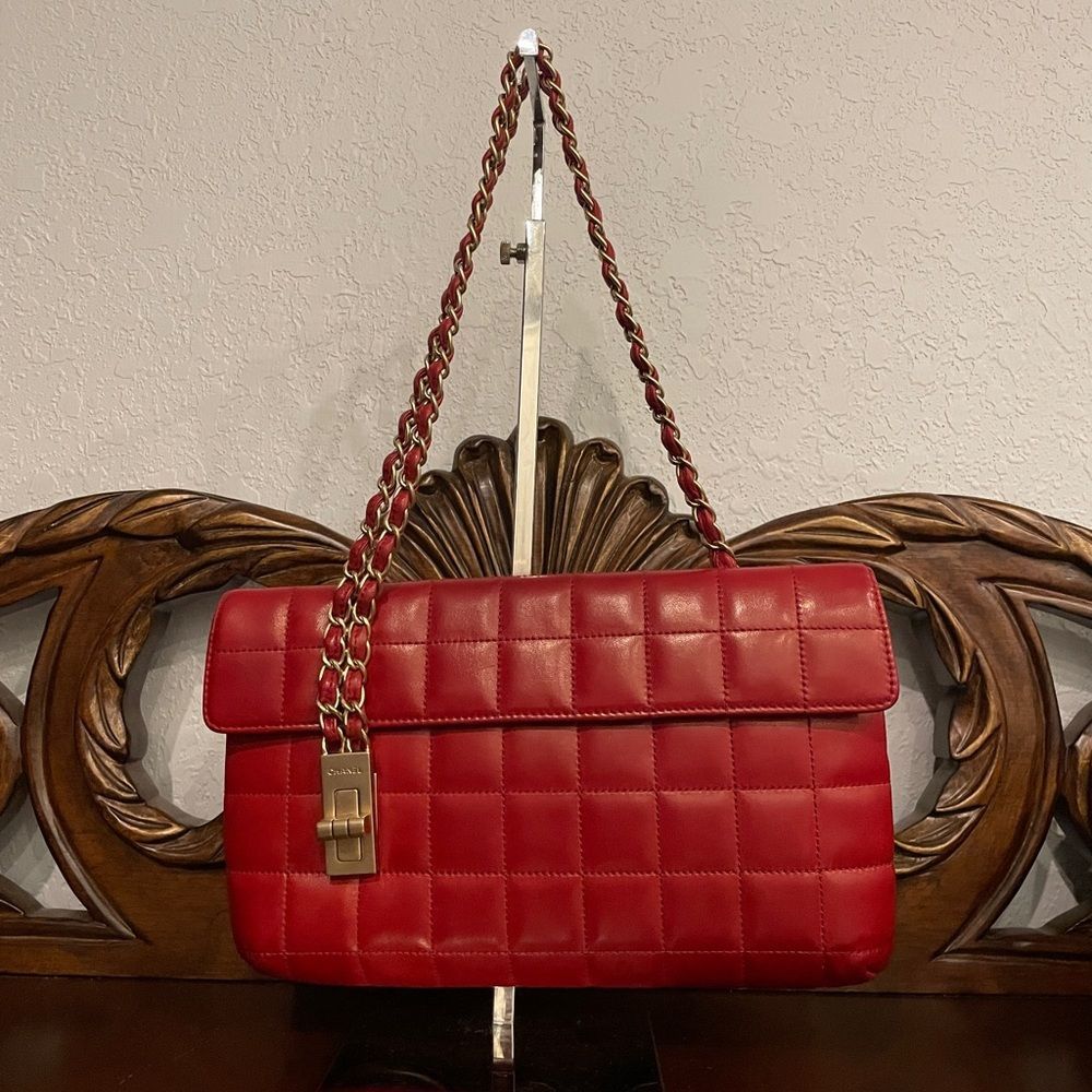 Chanel Lambskin Chocolate Bar Mademoiselle Flap Shoulder Chain Bag Red EUC